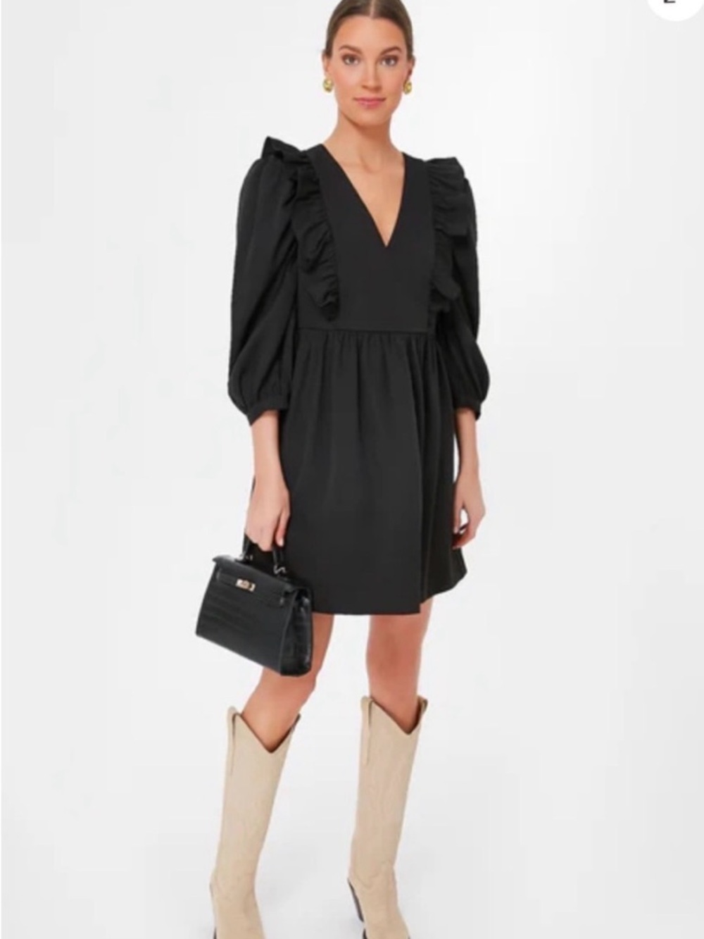 Tuckernuck Black V-Neck Ruffle Puff-Sleeve Mini Dress Pomander